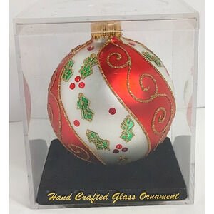 NEW Hand Crafted Glass Blown Christmas Ball Ornament In Acrylic Box Display